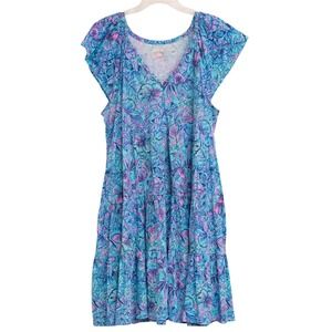 Lilly Pulitzer XL Kiawa Dress NWOT Blue Purple Shells Print Pockets Tiered Flowy